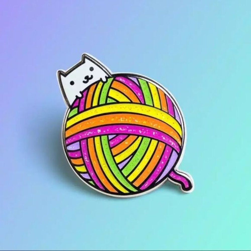Yarn Cat pin enamel rainbow white kitty knitting